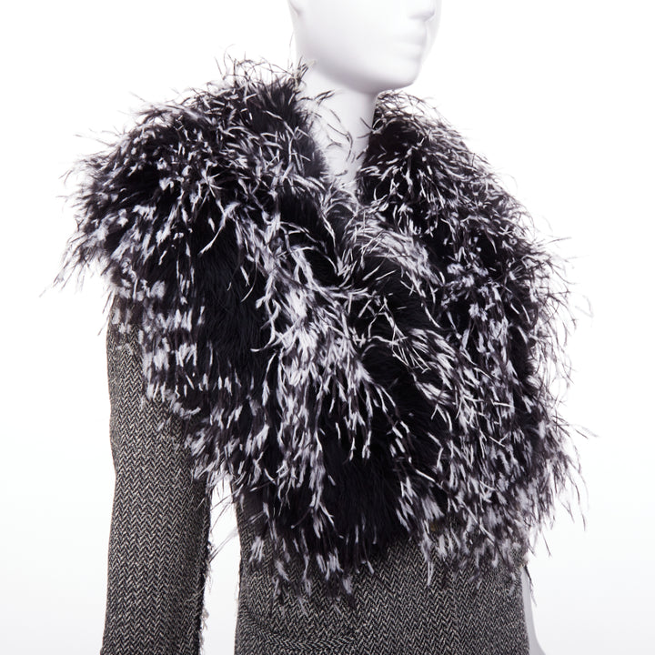 LIBERTINE handmade black white feather collar herringbone tweed jacket
