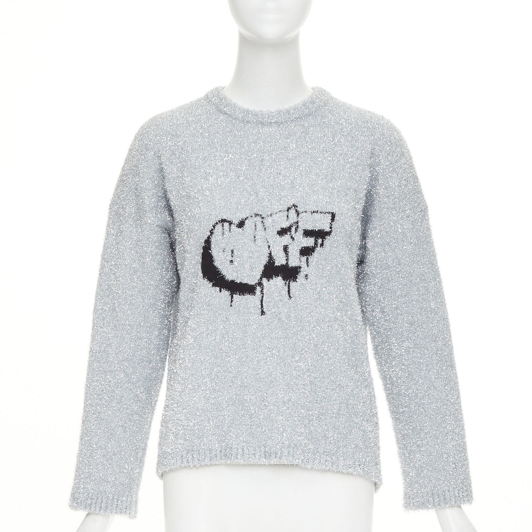 OFF WHITE Virgil Abloh 2019 silver lurex OFF graffiti graphic sweater IT38 XS