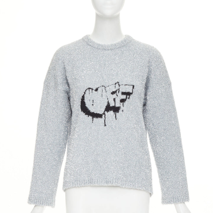 OFF WHITE Virgil Abloh 2019 silver lurex OFF graffiti graphic sweater IT38 XS