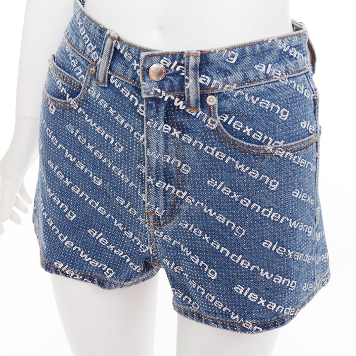 ALEXANDER WANG Bite blue denim crystal rhinestone hotfix logo mini shorts 25"