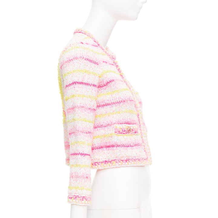CHANEL 24C Coco Heart pink crochet tweed trim cardigan jacket FR34 XS