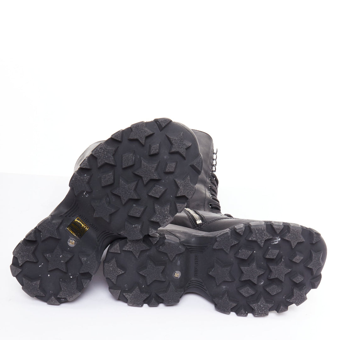 MIU MIU Runway black leather logo lace up chunky wedge tall boots EU39