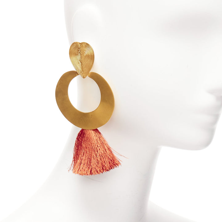 PMX CANO brown gold heart tribal tassel statement pin earrings