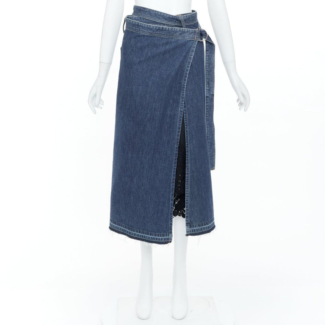 SACAI 2017 Runway asymmetry layered black lace blue denim wrap skirt JP1 S