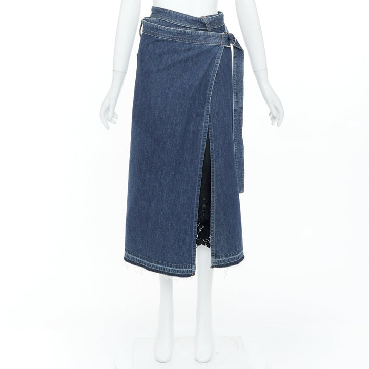 SACAI 2017 Runway asymmetry layered black lace blue denim wrap skirt JP1 S