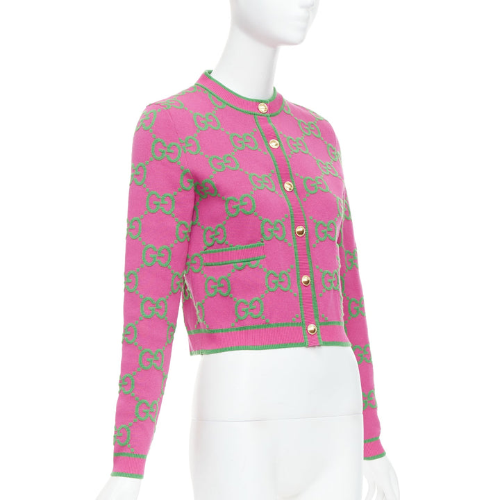 GUCCI 2023 pink green silk blend GG Jacquard crop cardigan XS