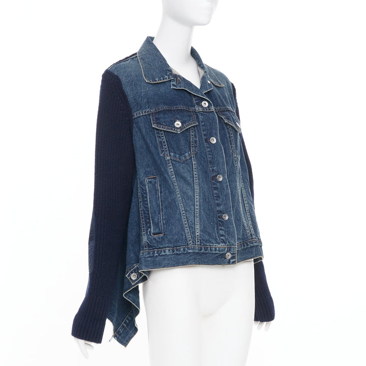 SACAI 2020 Denim Knit Hybrid asymmetric raw hem blue cotton jacket JP2 M
