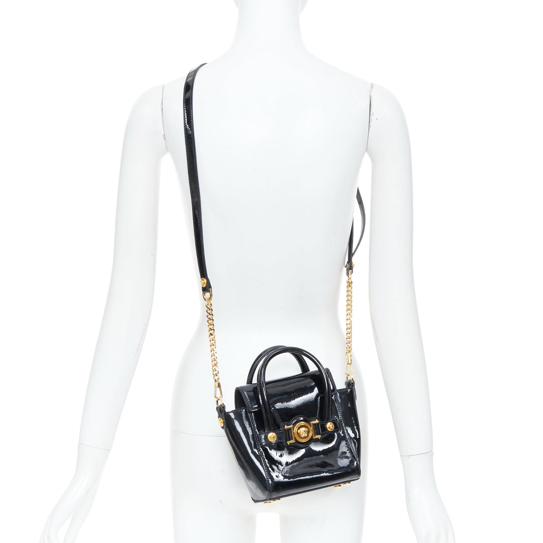 VERSACE black patent leather Signature Medusa lock mini satchel bag