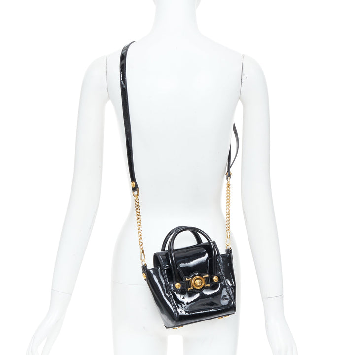VERSACE black patent leather Signature Medusa lock mini satchel bag