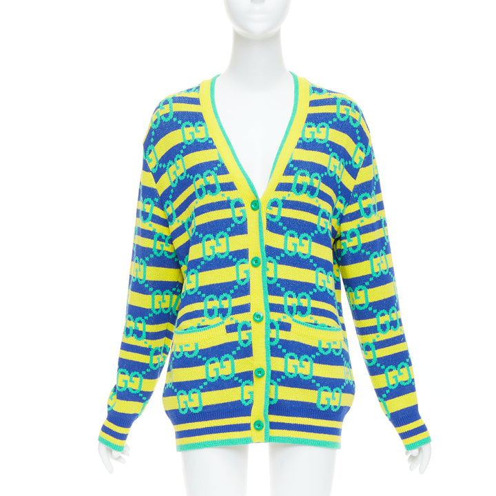 GUCCI green yellow blue GG monogram stripe cardigan XS