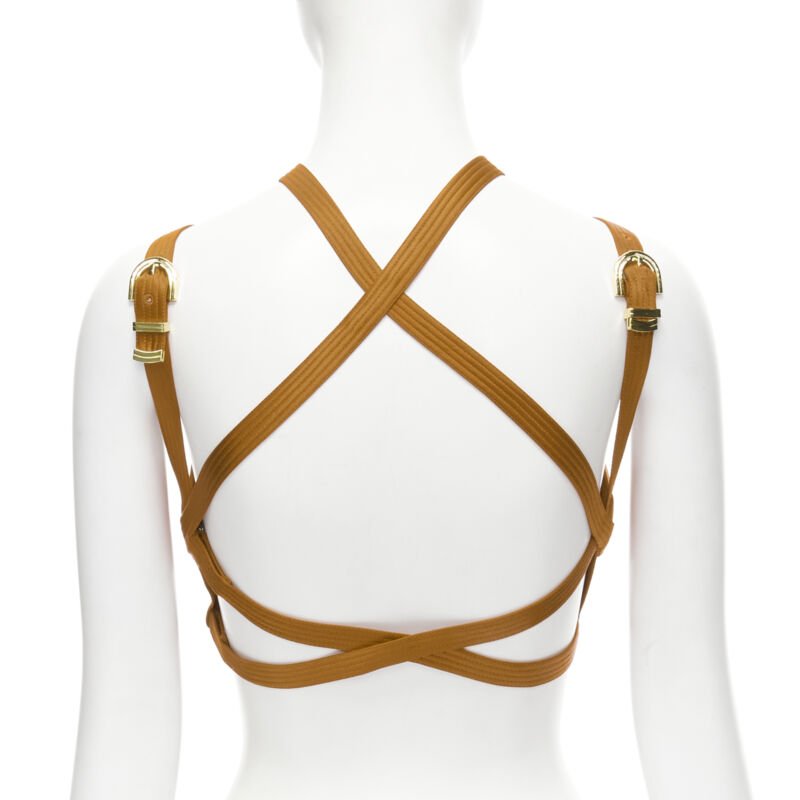 VERSACE 2019 Runway S&M Bondage Tribute brown silk gold buckle bra IT38 XS