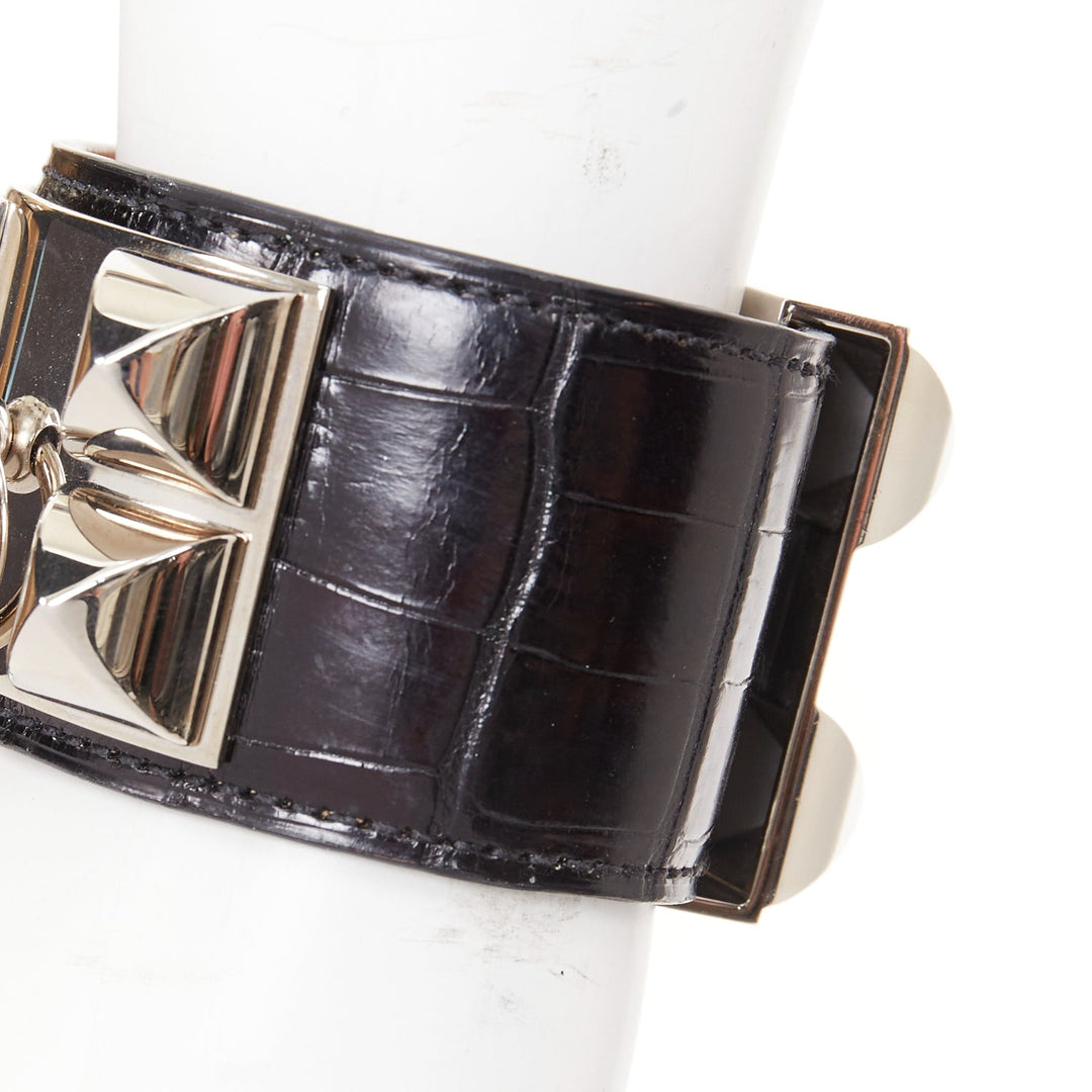 HERMES Collier de Chien CDC black glossy scaled leather palladium cuff bracelet