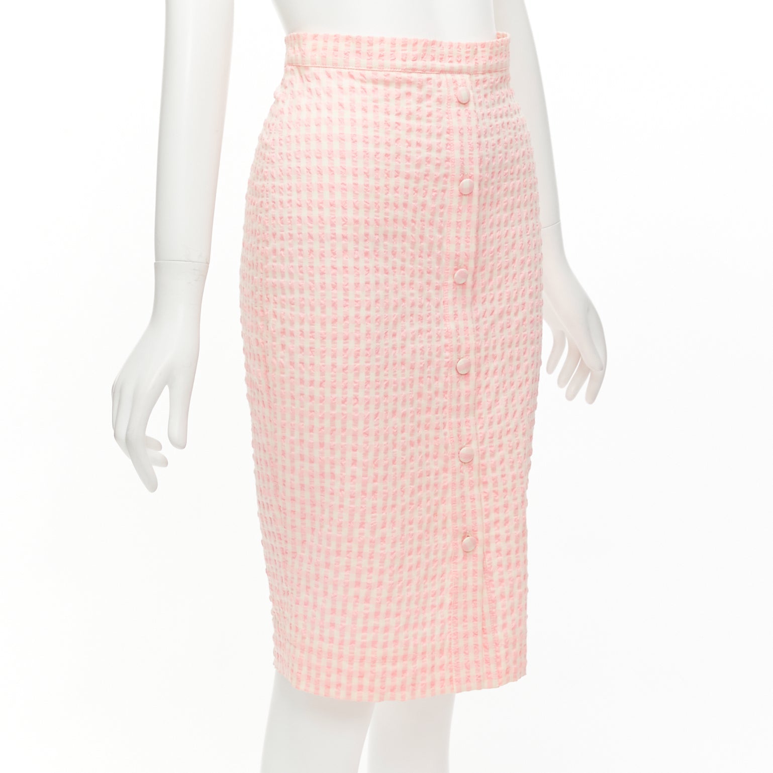 ALTUZARRA pink white gingham fabric button front midi pencil skirt FR3 JHROP