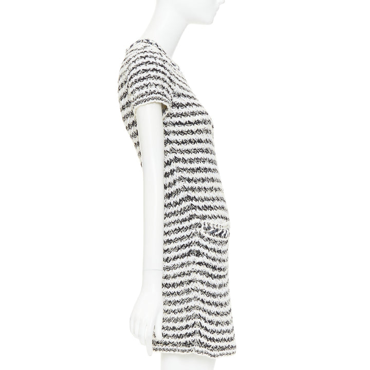 CHANEL 19P black white cotton tweed tweed chunky resin chain trim dress FR34 XS