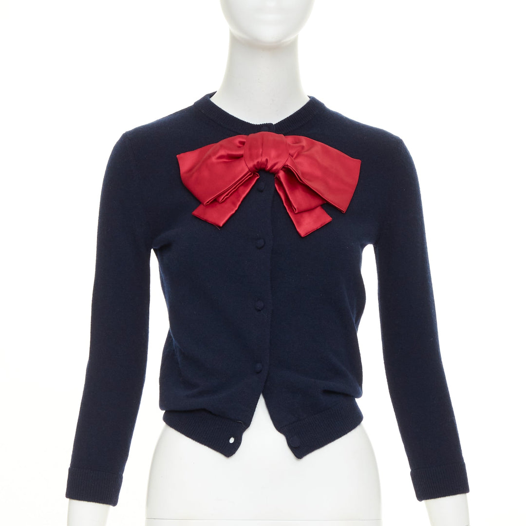 VALENTINO navy virgin wool oversized silk double duchesse satin bow cardigan XS