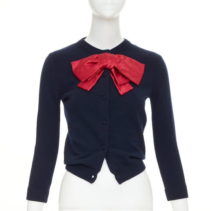 VALENTINO navy virgin wool oversized silk double duchesse satin bow cardigan XS
