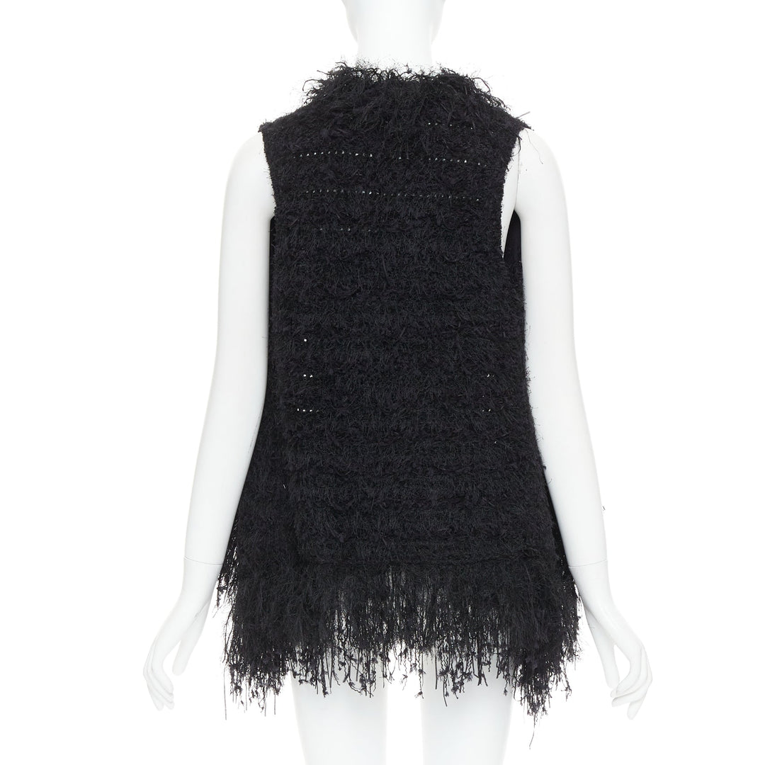 BALMAIN black fringe tweed gold varsity buttons drape front vest FR36 S