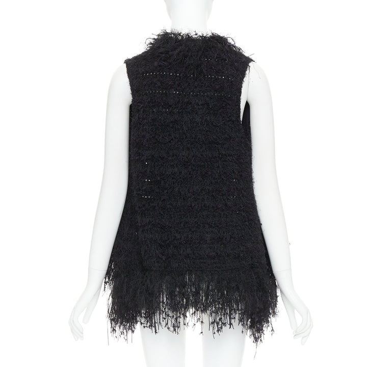BALMAIN black fringe tweed gold varsity buttons drape front vest FR36 S