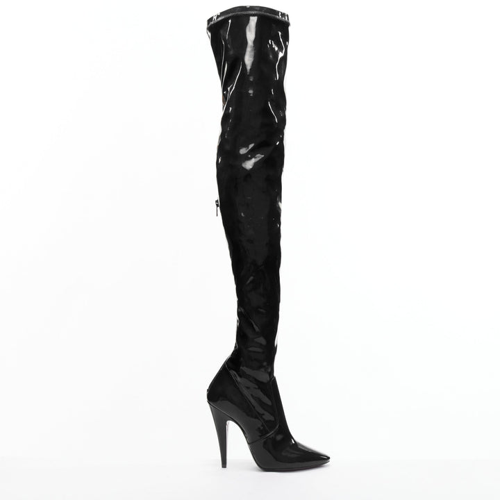 SAINT LAURENT Aylah 110 Runway black vinyl thigh high boots EU37