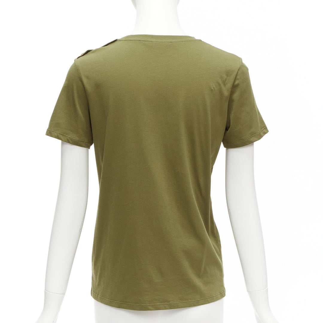 BALMAIN green brown distressed logo military buttons tshirt XS