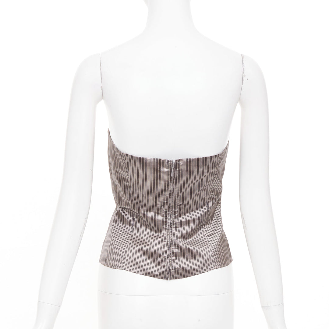 EMPORIO ARMANI Vintage brown pinstripe silk woven strapless bustier top IT38 XS