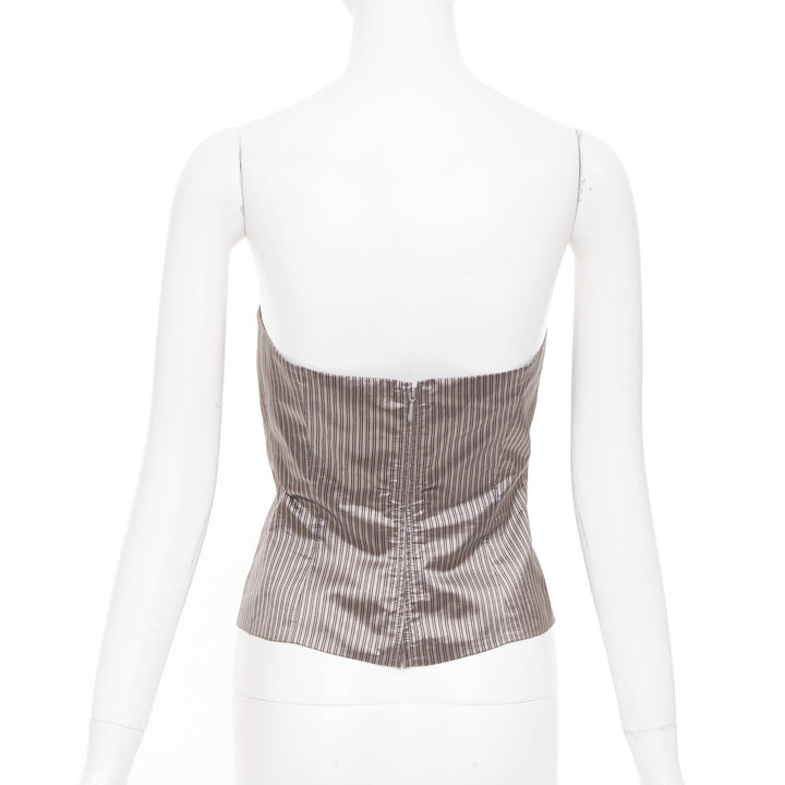 EMPORIO ARMANI Vintage brown pinstripe silk woven strapless bustier top IT38 XS