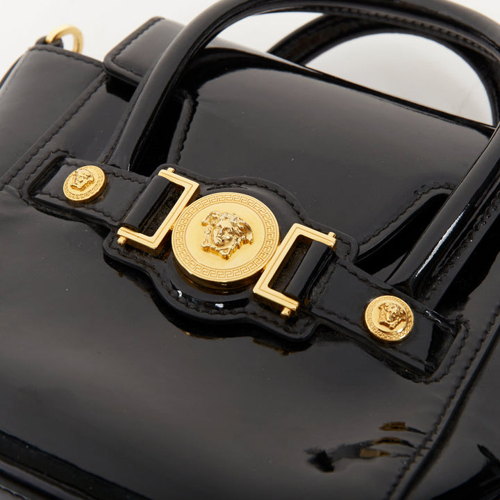 VERSACE black patent leather Signature Medusa lock mini satchel bag