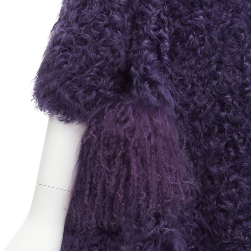 MIU MIU purple curly shearling fur contrast hem 3/4 sleeve coat IT36 XS
