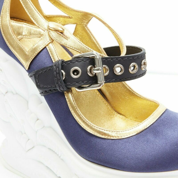 rare MIU MIU blue satin gold trim punk strap Barocco platform wedge EU34