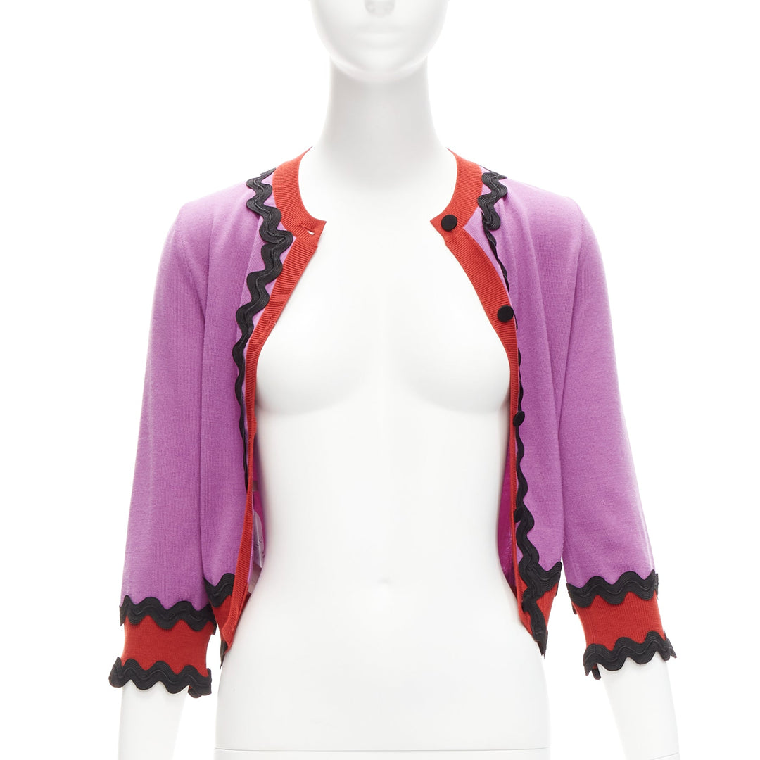 GUCCI 100% wool purple red black wavy trims cropped cardigan S