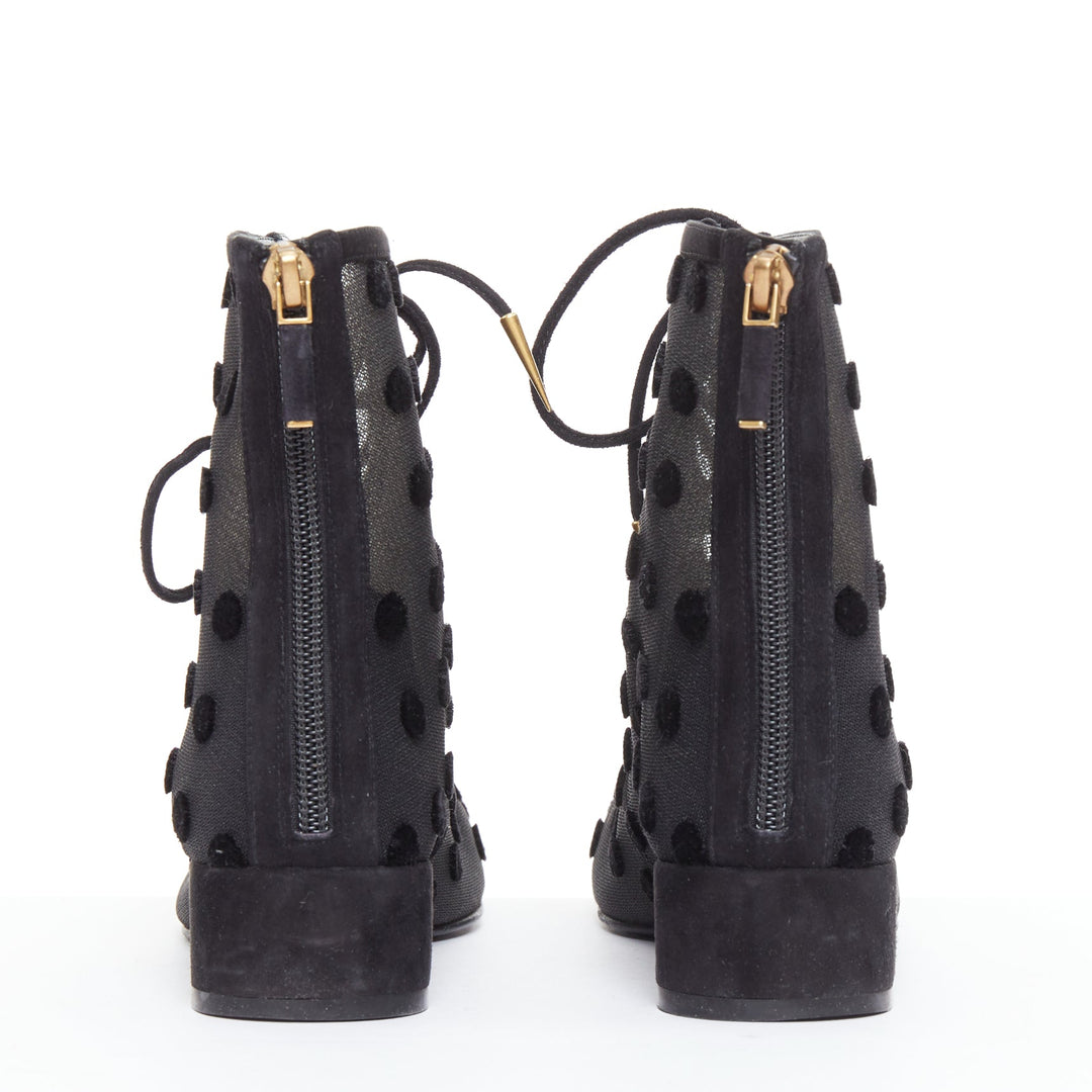 DIOR Naughtily-D black polka dot mesh gold tip ankle boots EU36.5