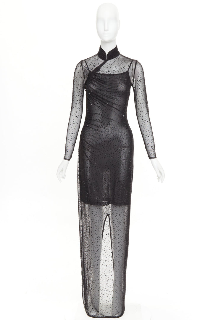 SAU LEE Kai black sheer mesh crystal cheongsam maxi gown US2 S