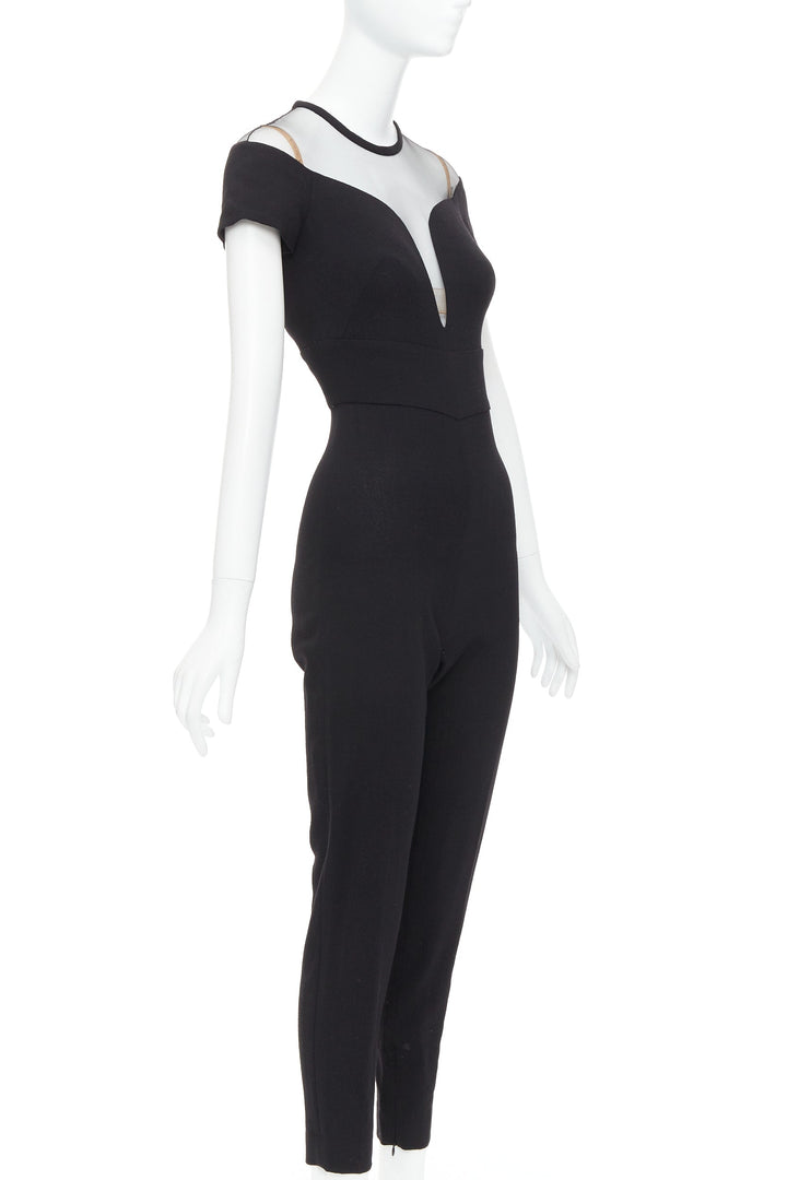 LA PERLA black crepe wool blend sheer plunge jumpsuit IT36D S