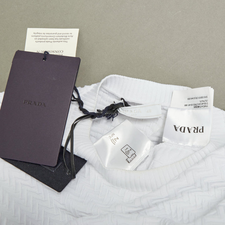 PRADA white zigzag micro texture geometric long sleeve crewneck sweater IT48 M