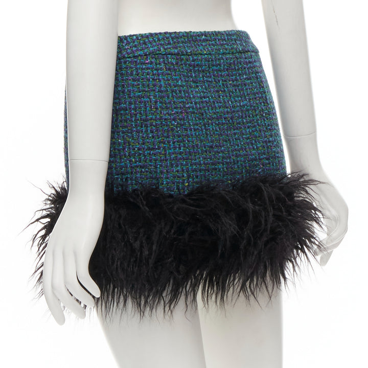 SAINT LAURENT 2022 blue tweed faux fur trim mini skirt FR38 M