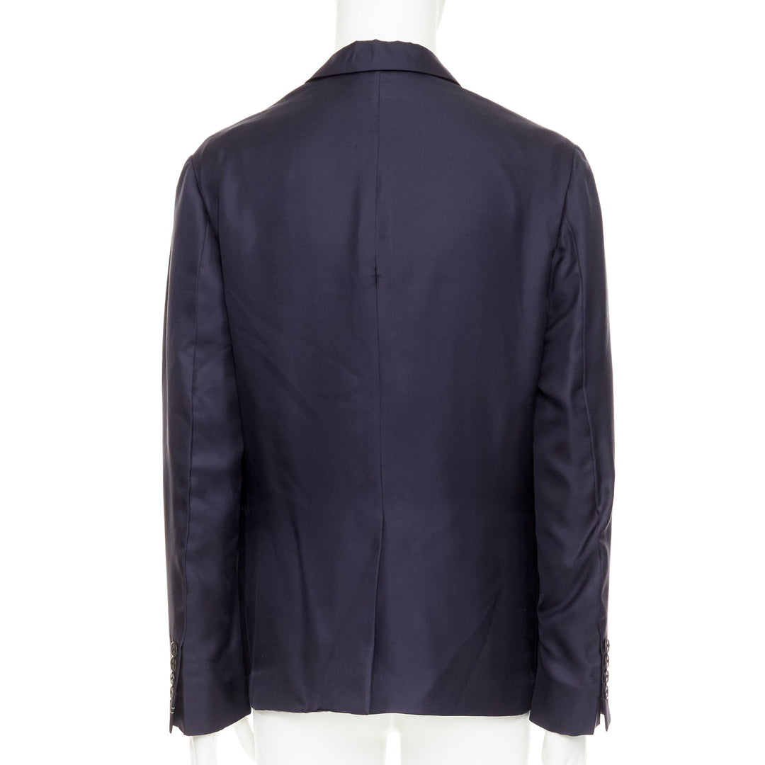 PRADA 2021 100% silk navy tonal triangle patch single breasted blazer IT48 M