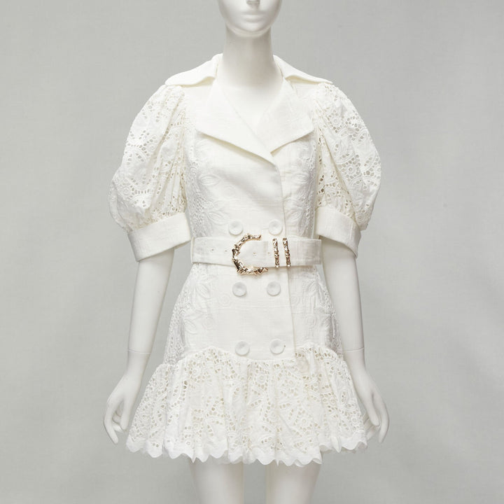 ACLER white embroidery eyelet puff sleeve belted double breasted dress US2 XS