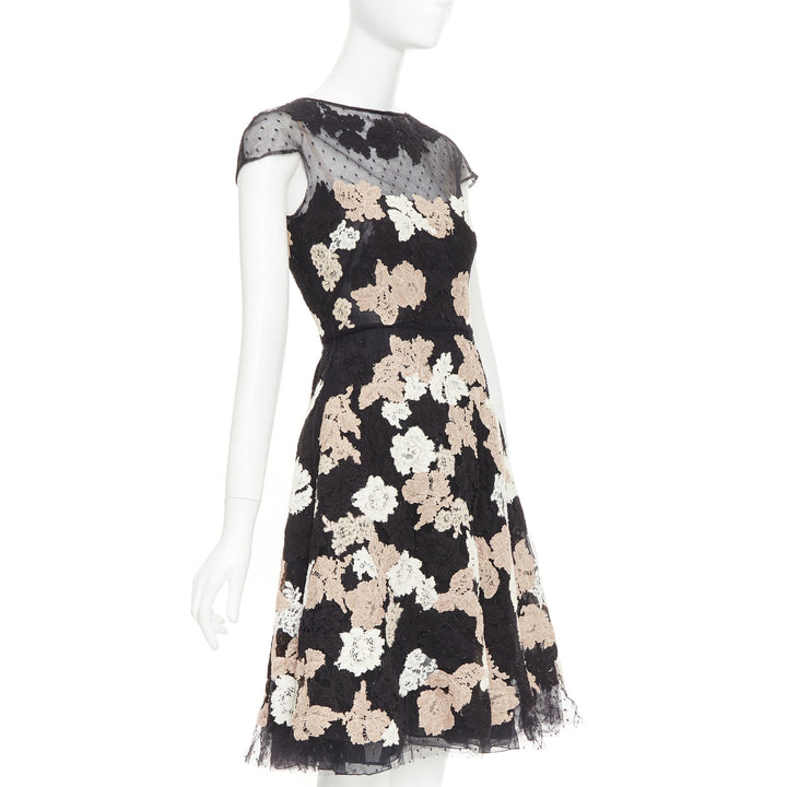 VALENTINO 2013 Runway black ivory beige lace Point d'Esprit sheer midi dress