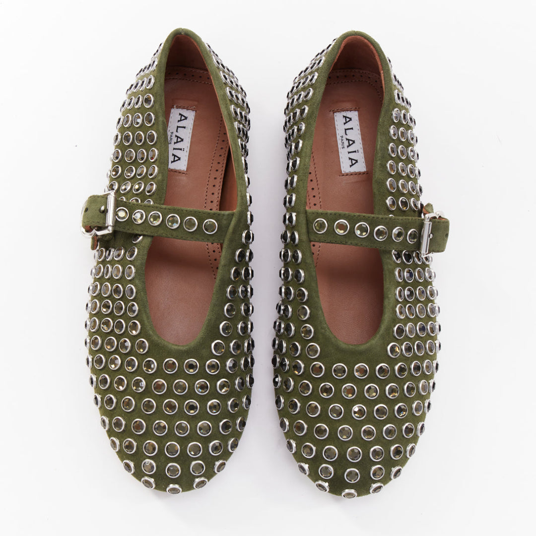 ALAIA 2023 La Ballerine Vert Foret green suede crystal buckle maryjane EU37.5