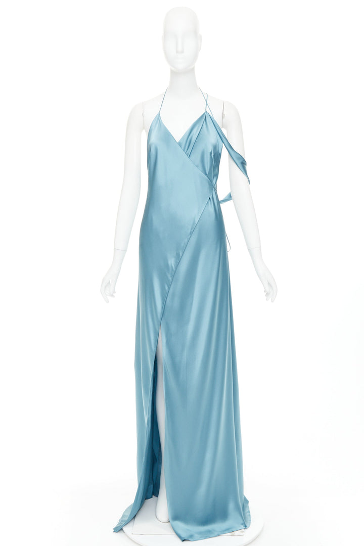 MICHELLE MASON teal blue 100% silk strappy cowl wrap high slit gown dress US4 S