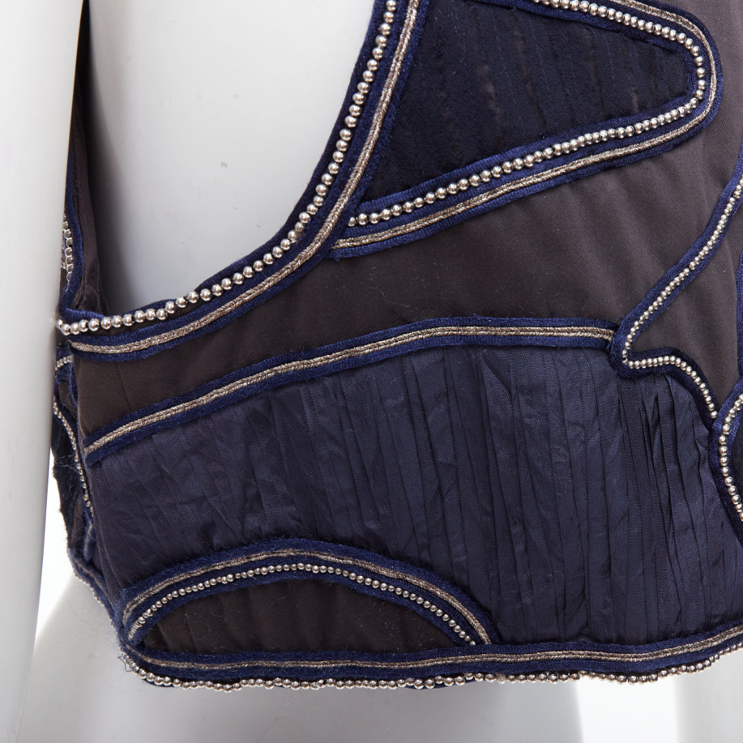 3.1 PHILLIP LIM blue silver dome studded silk lined patchwork vest US4 S