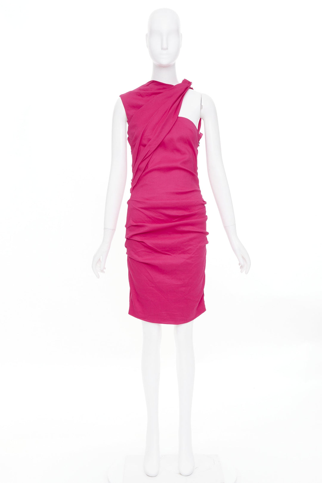 LANVIN 2014 hot pink linen draped asymmetric shoulder cocktail dress FR38 M