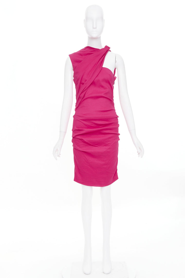 LANVIN 2014 hot pink linen draped asymmetric shoulder cocktail dress FR38 M