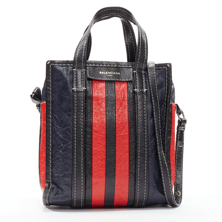 BALENCIAGA Bazar navy red striped leather top handle crossbody bag