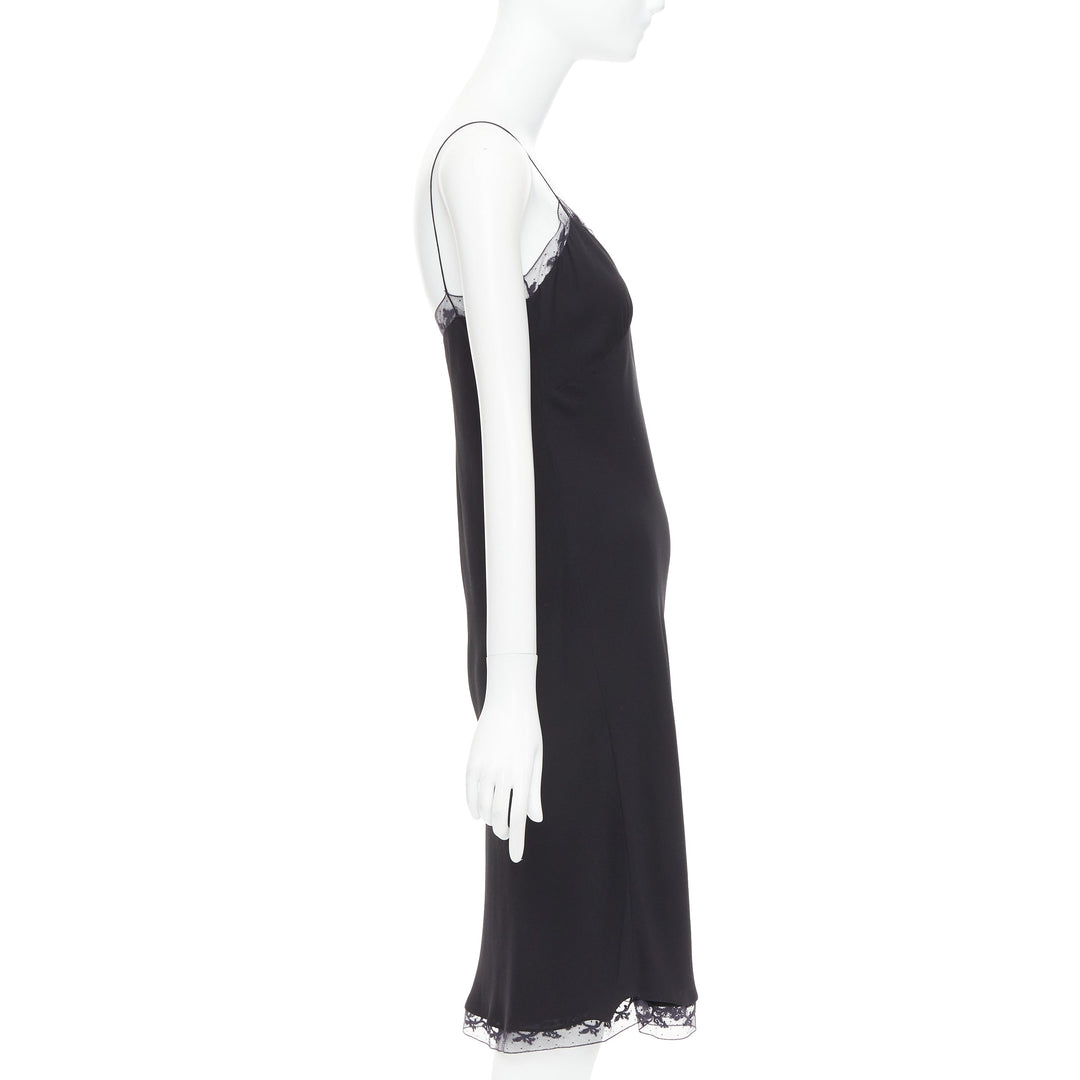 THE ROW Santi 100% silk crepe black fluid lace trim knee length slip dress US2 S