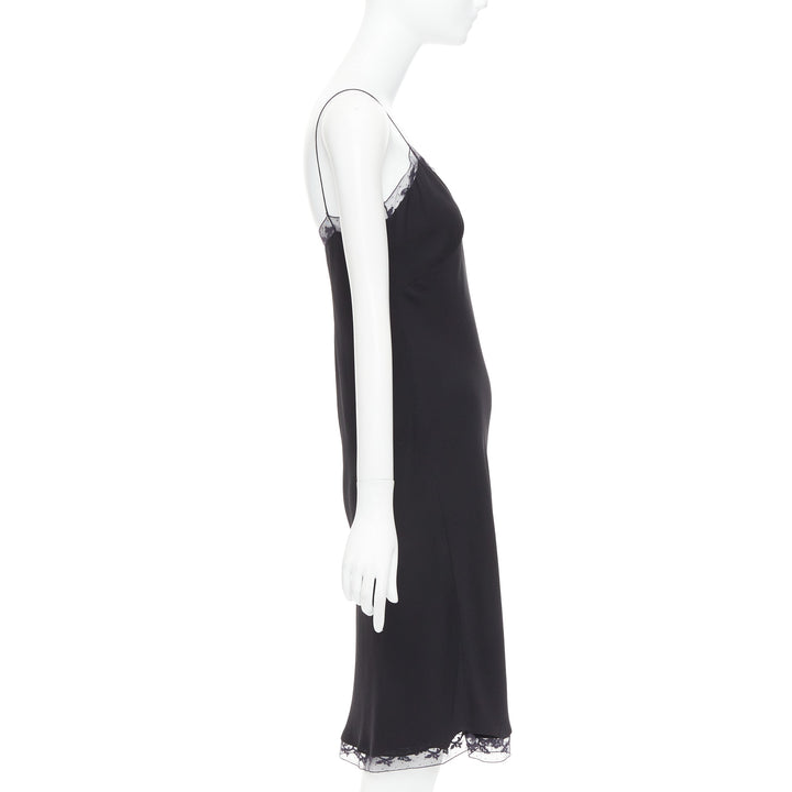 THE ROW Santi 100% silk crepe black fluid lace trim knee length slip dress US2 S