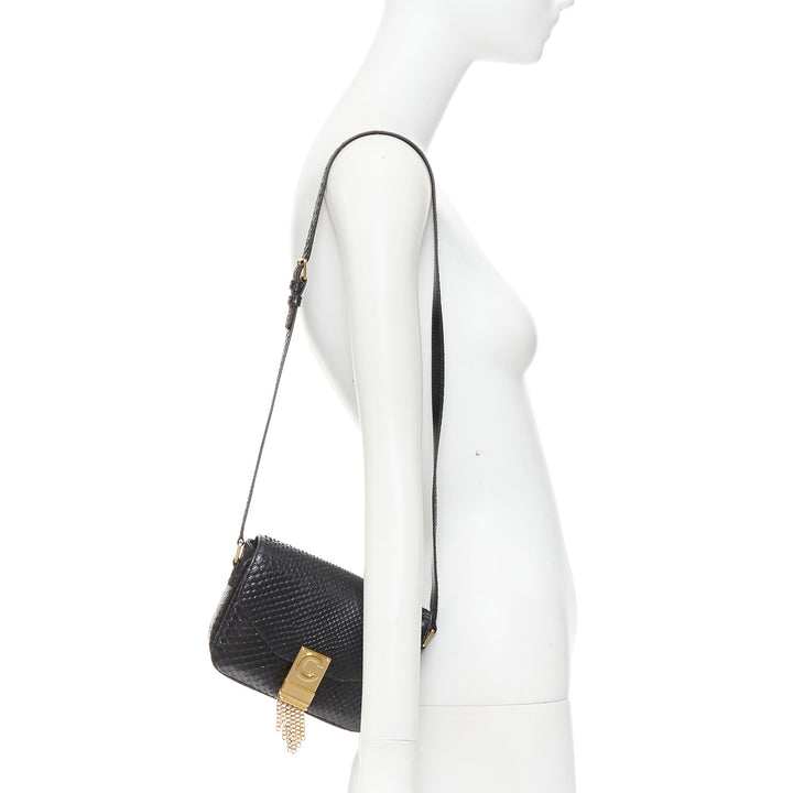 CELINE C Bag Runway black gold scaled leather fringe C clasp crossbody box bag