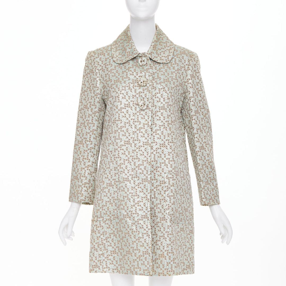 KENZO Vintage green gold metallic floral patterned jacquard coat IT38 XS