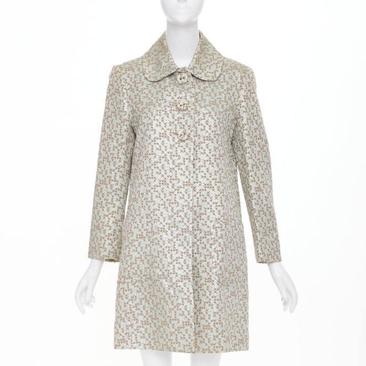 KENZO Vintage green gold metallic floral patterned jacquard coat IT38 XS