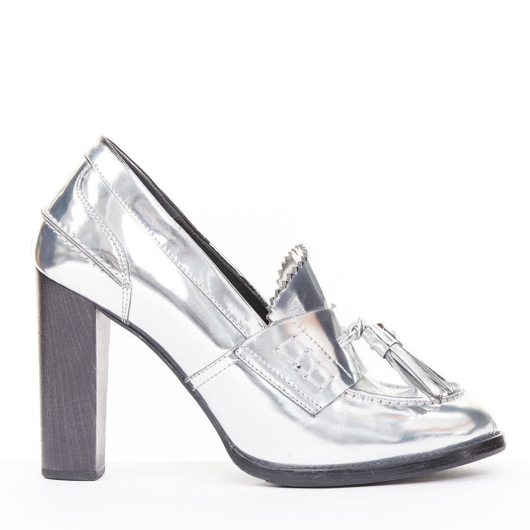 STELLA MCCARTNEY 2014 silver metallic kiltie tassel loafer block heel pumps EU37